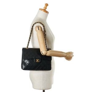Chanel Matelasse 25 Coco Mark Double Flap Chain Shoulder Bag Lambskin Black